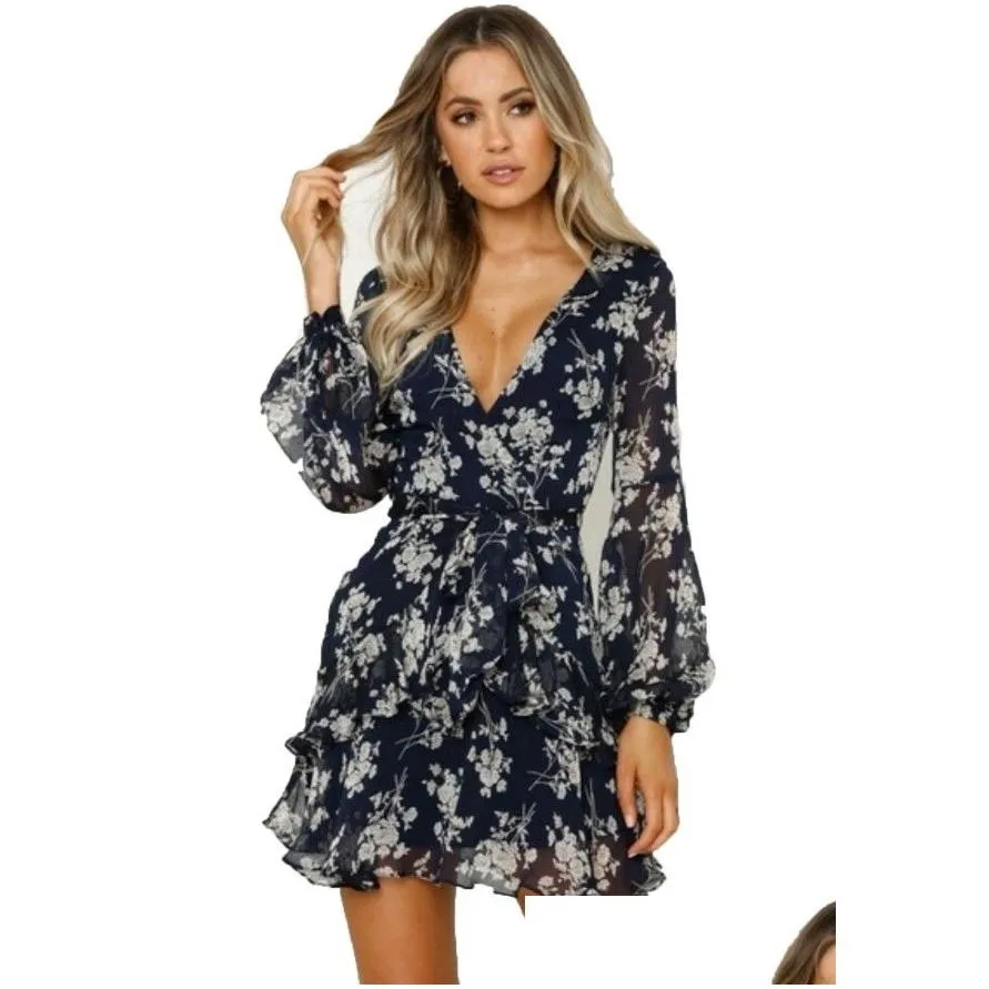 casual dresses women long sleeve tiered fashion v-neck flower printing dress spring and autumn clothes french elegance y midi dresse