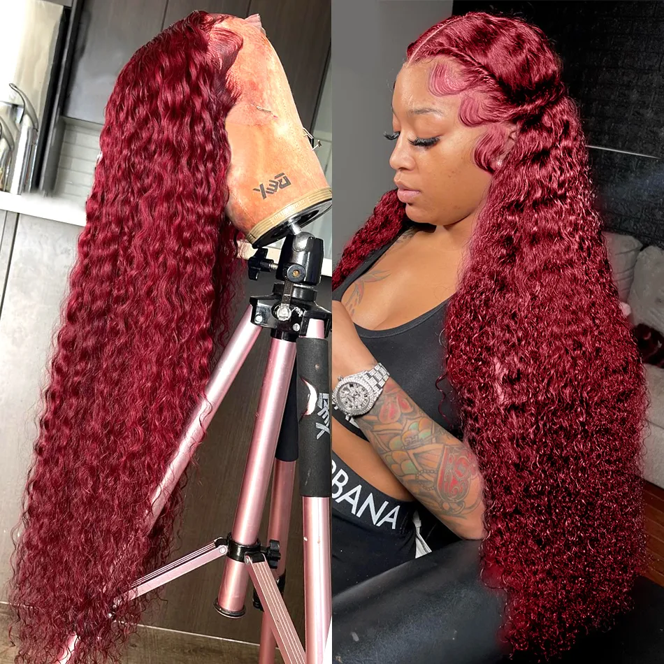 Burgundy Red Hd Lace Frontal Human Hair Wig 13x4 Curly Wigs for Women Glueless Preplucked Synthetic Wigs Brazilian Deep Wave Wigs