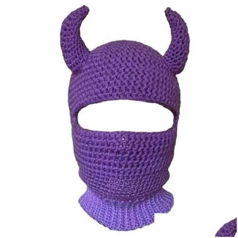 cycling caps masks halloween funny horns knitted hat beanies warm full face cover ski mask hat windproof balaclava hat for outdoor sport