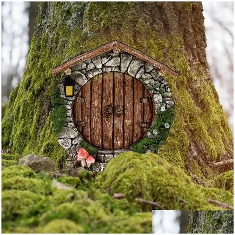  miniature fairy gnome door figurines elf home wooden fairy garden window door art tree sculpture statues ornament outdoor decor