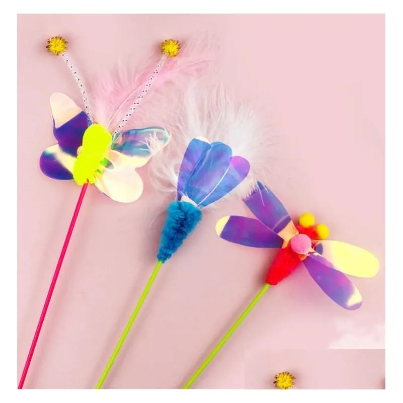 cat feather teaser wand fun pet kitten kitty playing toy interactive fishing pole stick catcher exerciser with dragonfly butterfly