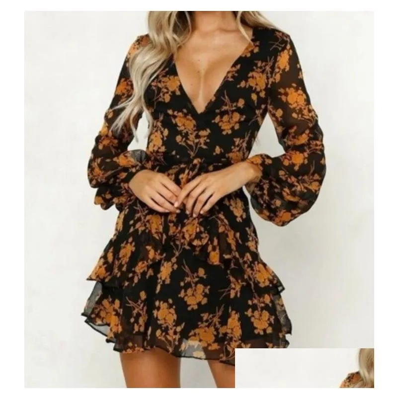 casual dresses women long sleeve tiered fashion v-neck flower printing dress spring and autumn clothes french elegance y midi dresse