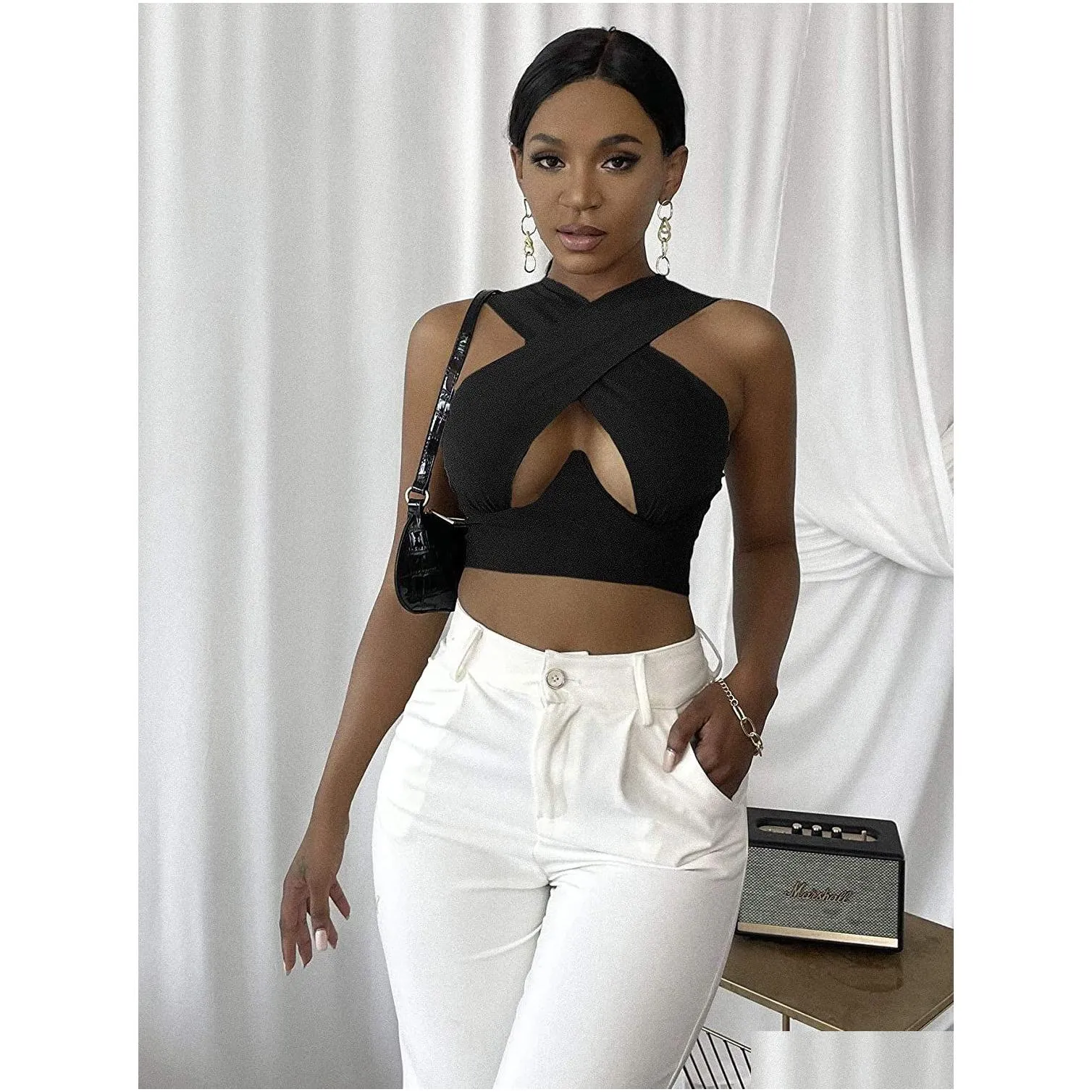 womens criss cross tank tops y sleeveless solid color cutout front crop top party club streetwear summer lady bustier camis