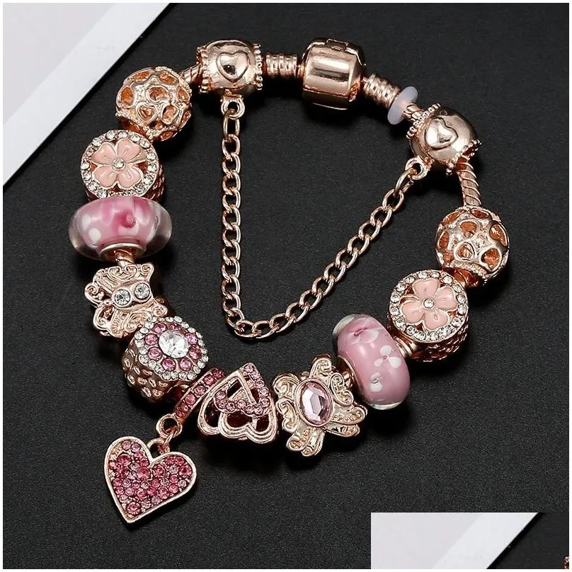 top quality rose gold pink silver charm beads cherry red heart crystal butterfly flower fits european  charms bracelets safety chain jewelry diy