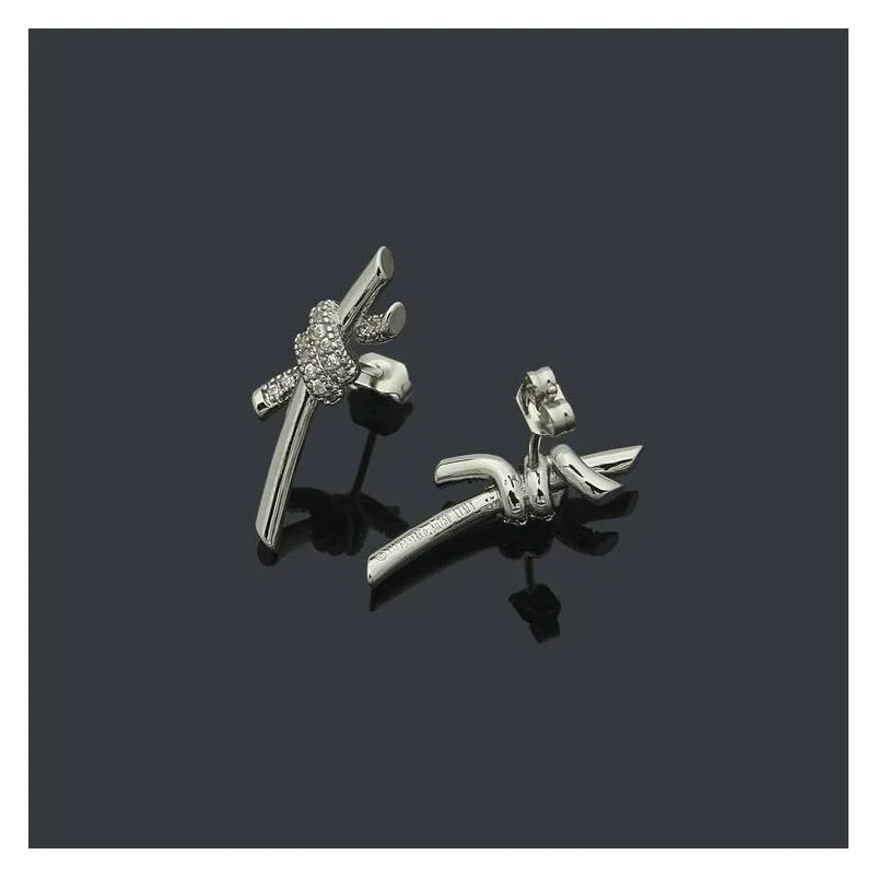 womens knot short earrings studs designer jewelry half drill studs gold/silvery/rose full brand as wedding christmas gift