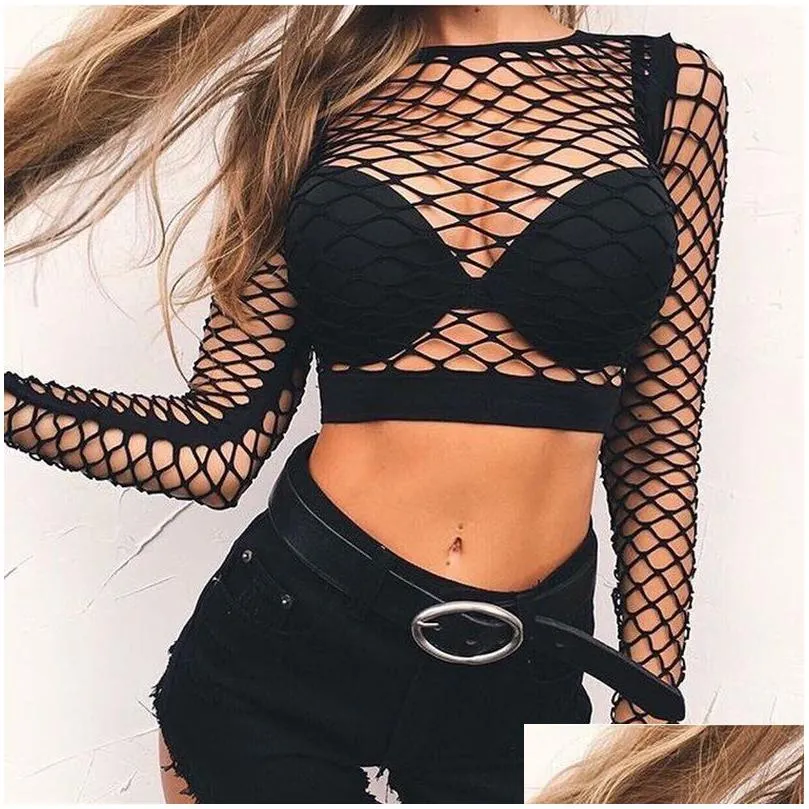 ruoru plus size 3xl mesh top fishnet tee shirt femme hollow out net long sleeve crop top slim see through women tshirt club wear