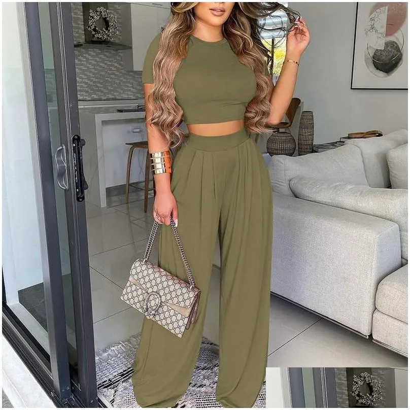 womens two piece pants homewear summer women y wear suit sets solid plus size round neck plain short sleeve crop top wide leg