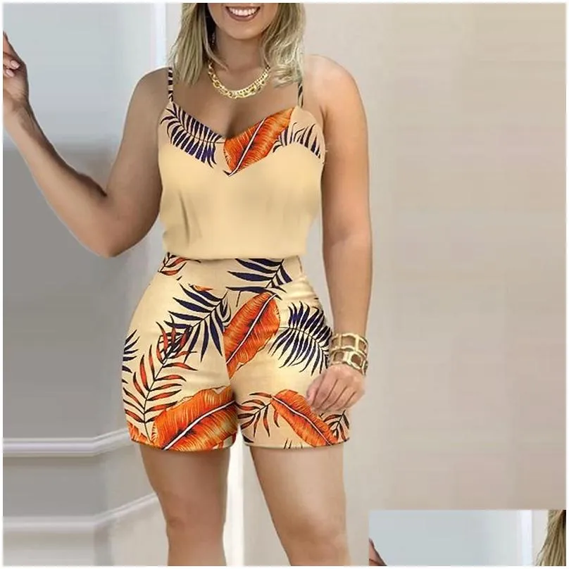 womens tracksuits women fashion casual two-piece set suits wear female print spaghetti strap top shorts
