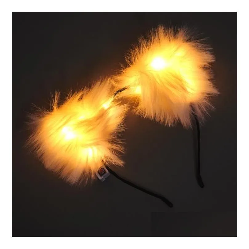 flash cat fox long fur ears headband party hat cosplay costume glowing hairband led plush hair hoop headdress for women girl white