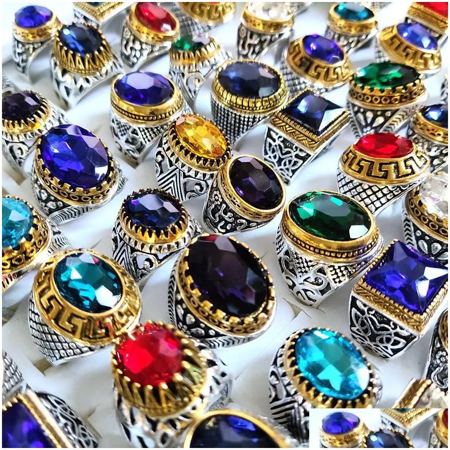 wholeseale lots 20pcs/lot luxury crystal stone silver gold charm ring men women vintage silver alloy zircon rings colorful wedding engagement