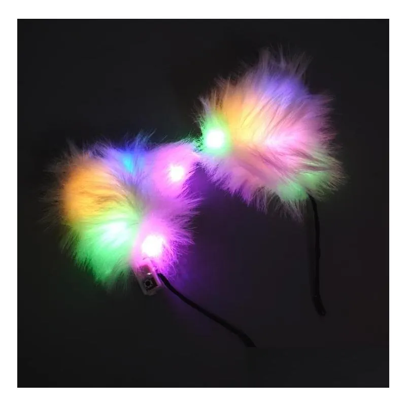 flash cat fox long fur ears headband party hat cosplay costume glowing hairband led plush hair hoop headdress for women girl white