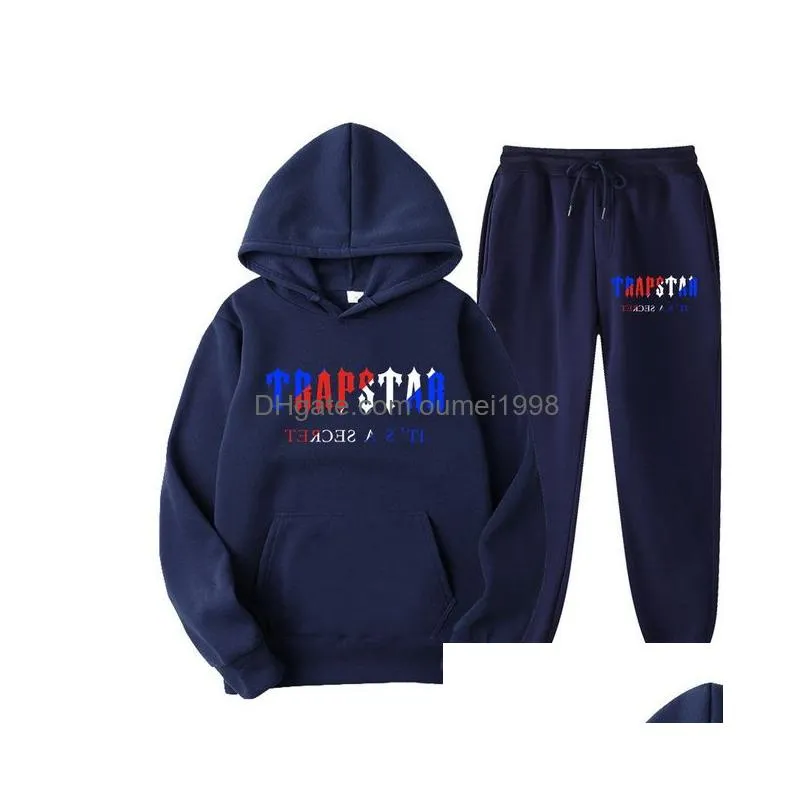 Tracksuit TRAPSTAR Brand Printed Sportswear Men 16 colors Warm Two Pieces Set Loose Hoodie Sweatshirt Pants jogging 220615