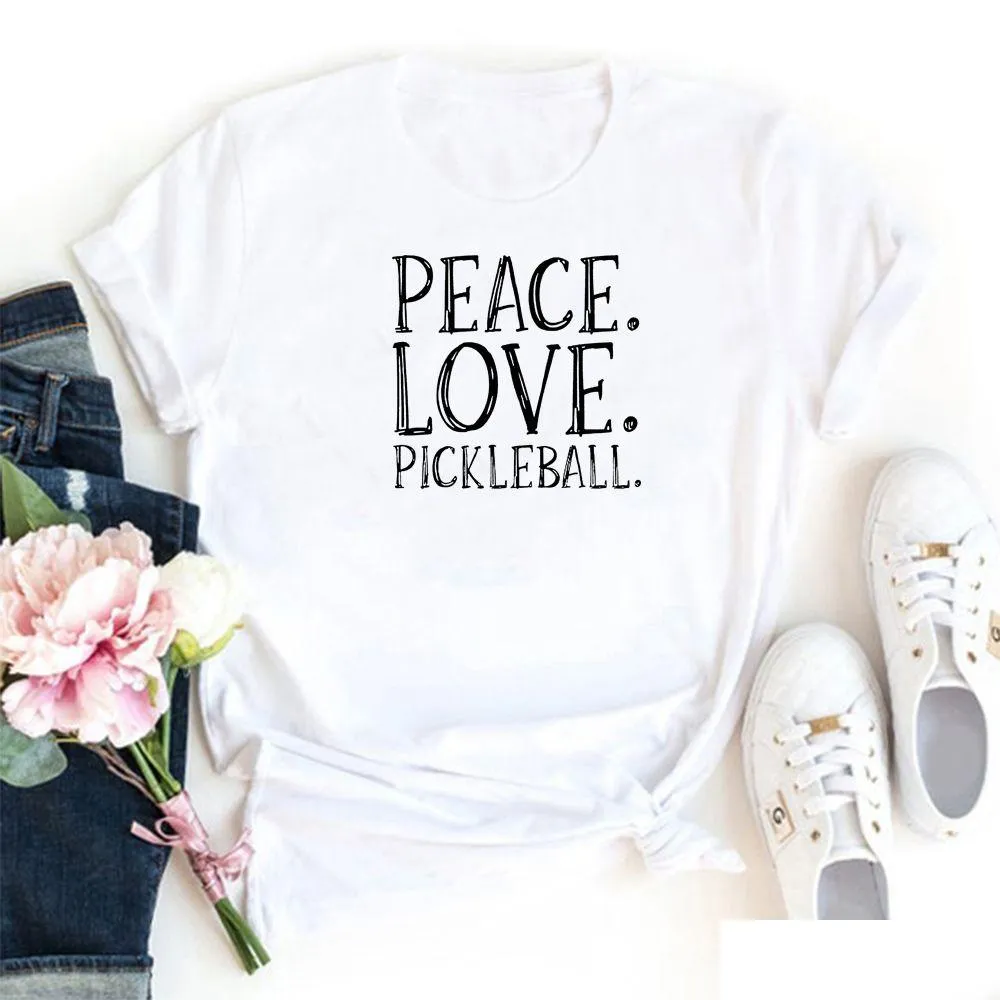 fashion peace love pickleball t-shirt femme letters pattern womens t-shirt casual o-neck women tshirt black t shirt women 210522