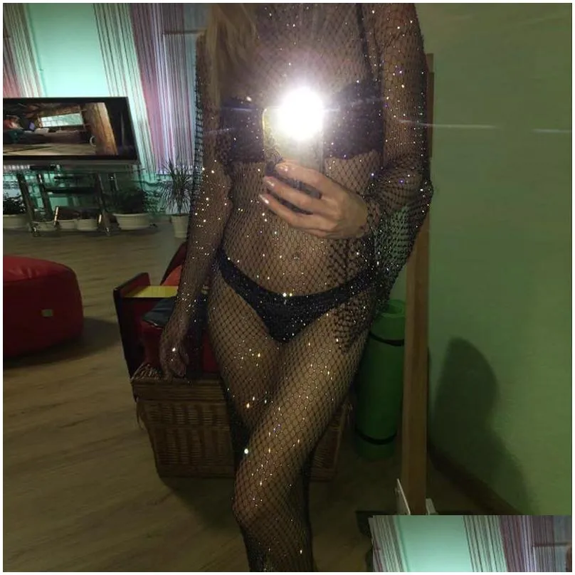 casual dresses maxi long crystal diamond dress hollow out rhinestone clubwear beach see through party sheer transparent fishnet