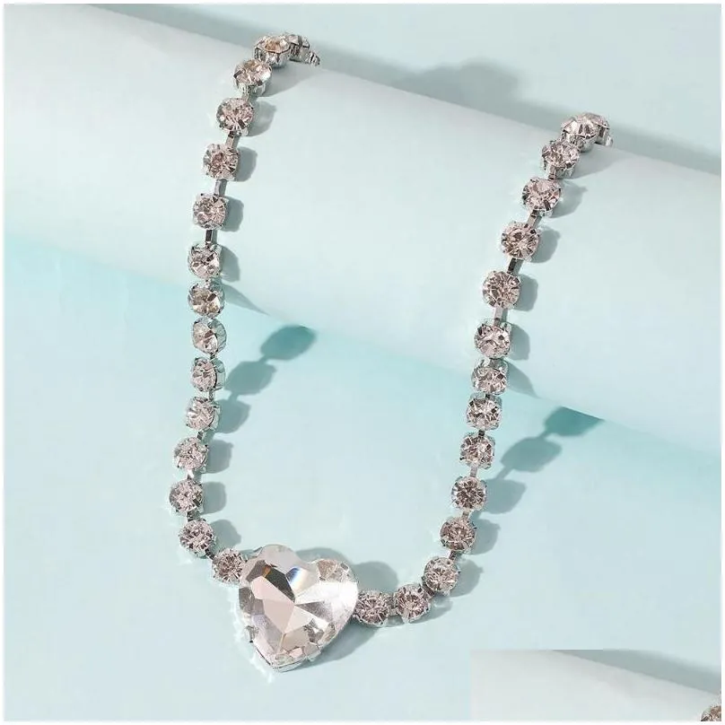 choker shine big heart crystal rhinestone love silver necklace lolita chain for dance party women jewelry