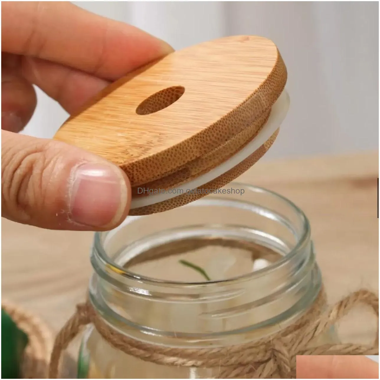 70mm 88mm bamboo cup lid reusable wooden mason jar lid with straw hole and silicone seal bowl cover