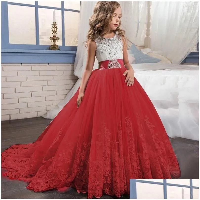 girls dresses red girl lace embroidery christmas birthday party dress flower wedding gown formal kids for girls teen clothes 6 14