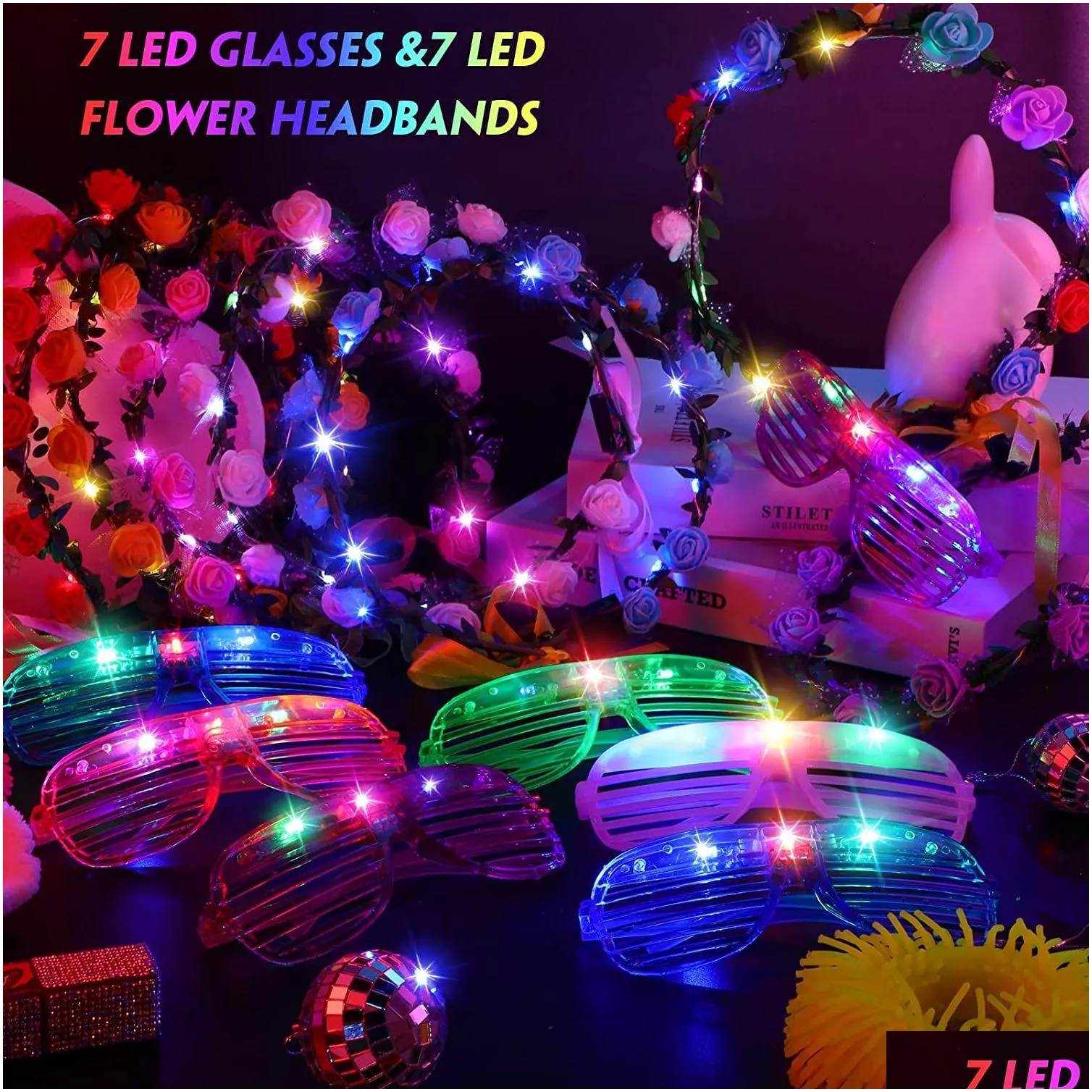 led light up party glasses flower crown decoration glow in the dark flashing headband eyewear for wedding birthday festival neon party