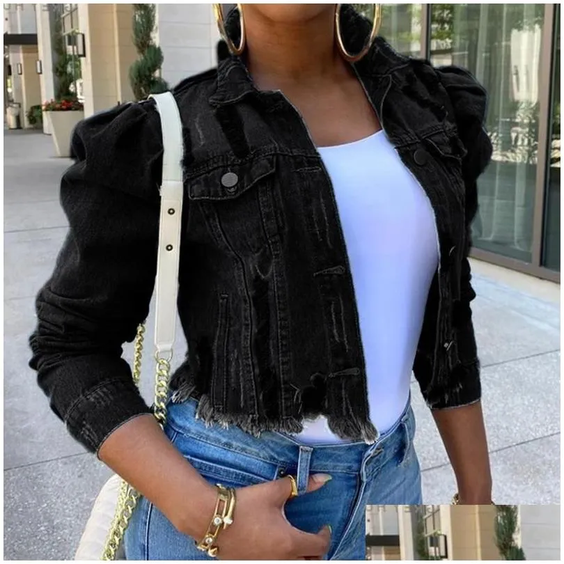 womens jackets autumn women puff sleeve hole denim plus size single breasted short jean jacket female 2021 ripped streetwear lady