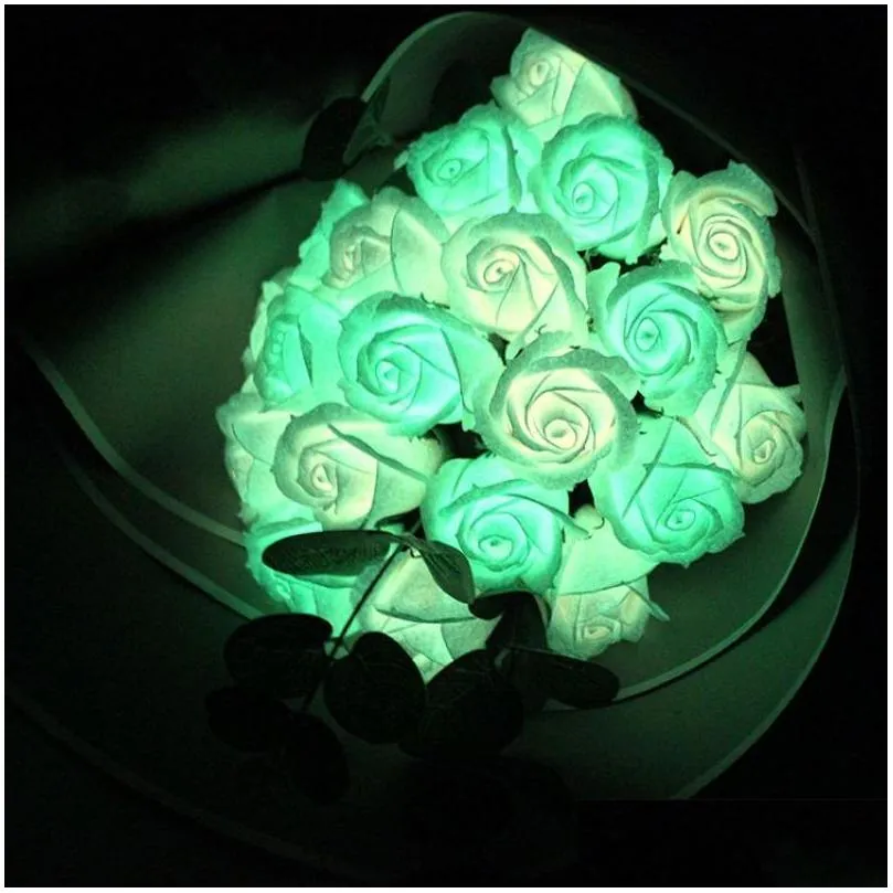 luminous rose soap flower head three-layer solid colors night light flowers gift box bouquet for wedding valentines day decoration