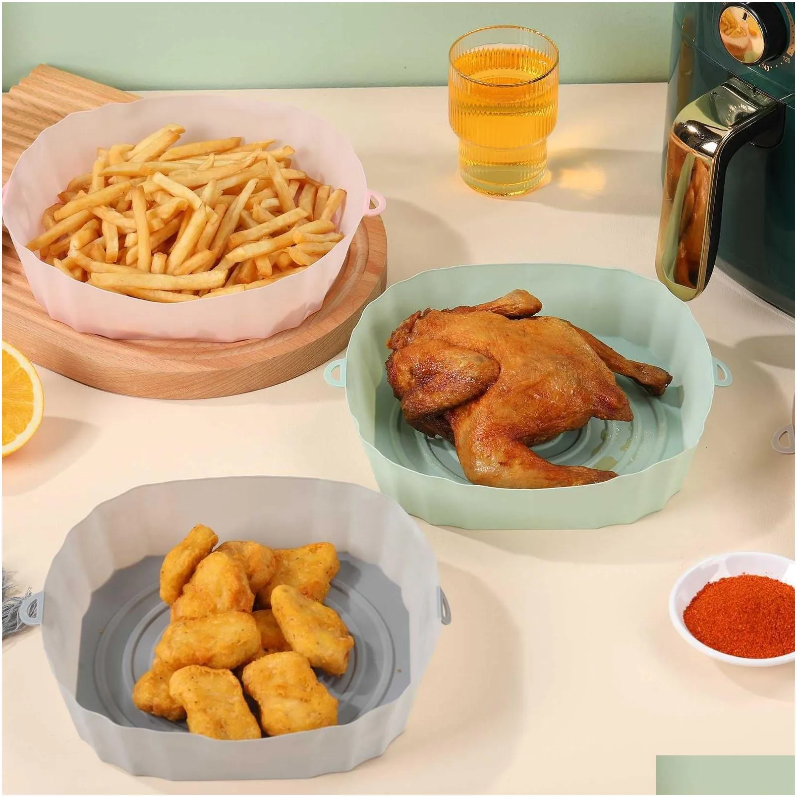  4pcs silicone air fryer basket airfryer oven mold baking tray pizza fried chicken basket reusable pan liner accessories