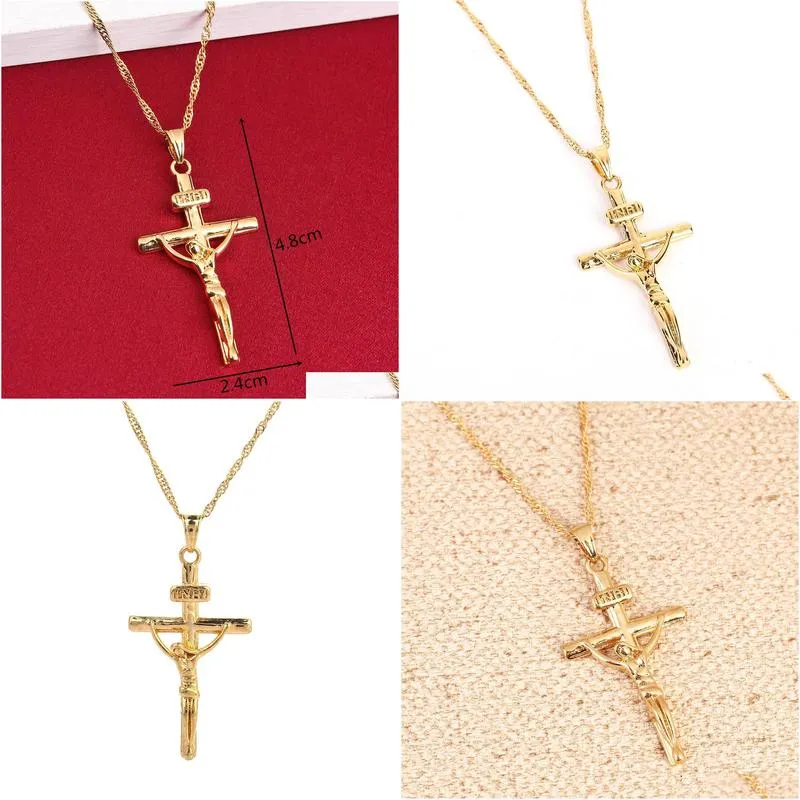 24k gold color cross chain men crucifix necklace pendant women jesus yellow gold filled jewelry