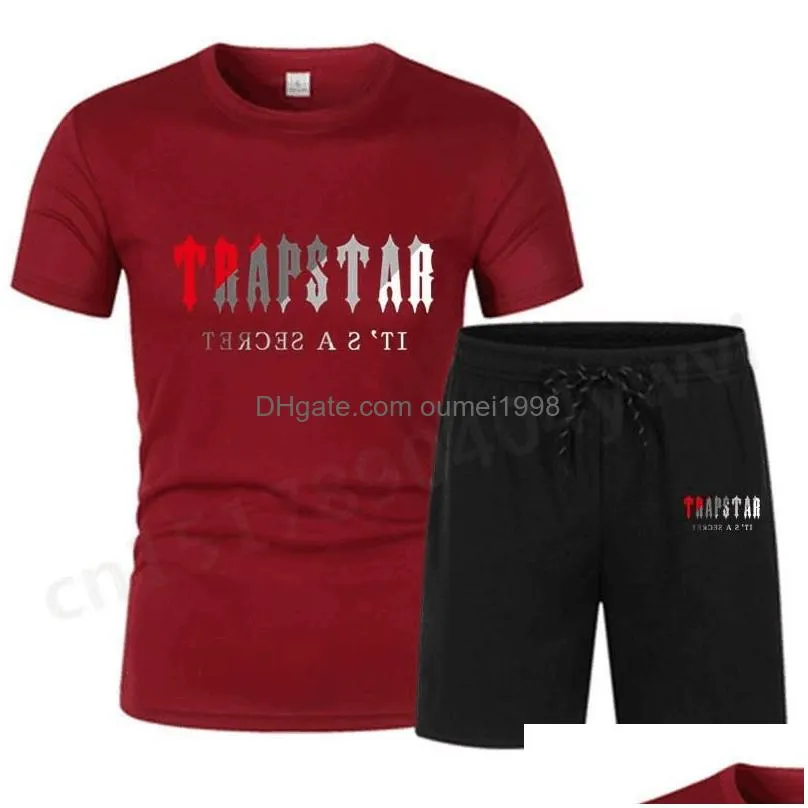 summer new trapstar london shooter short-sleeved t shirt suit chenille decoding black ice flavor 2.0 mens round neck t-shirt shorts