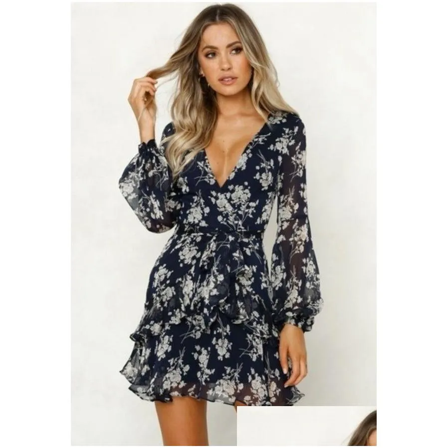 casual dresses women long sleeve tiered fashion v-neck flower printing dress spring and autumn clothes french elegance y midi dresse