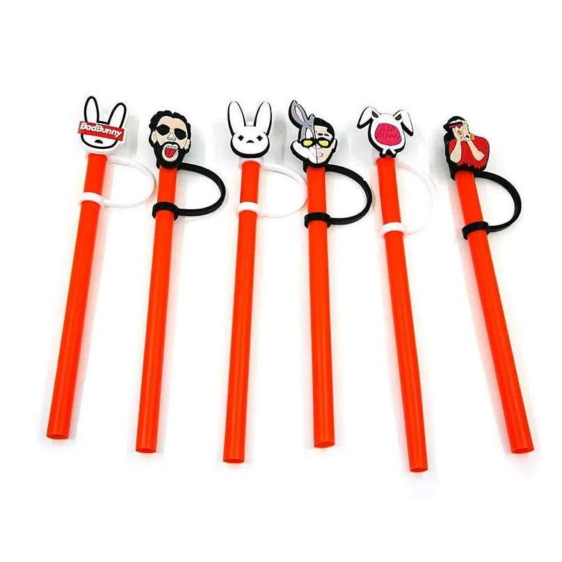 custom bad bunny etc pattern soft silicone straw toppers accessories cover charms reusable splash proof drinking dust plug decorative 8mm straw party