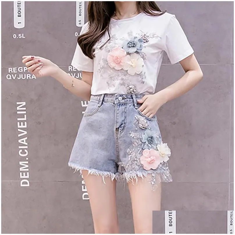 2021 summer women 2 piece sets embroidery 3d flower t-shirt add denim shorts sets vintage beading shorts