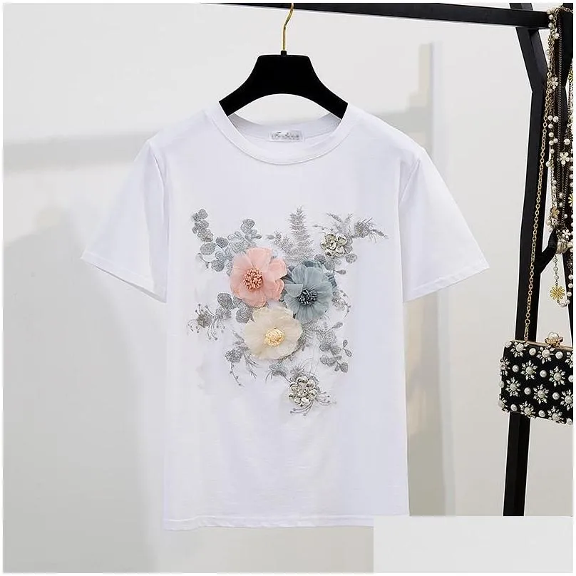 2021 summer women 2 piece sets embroidery 3d flower t-shirt add denim shorts sets vintage beading shorts