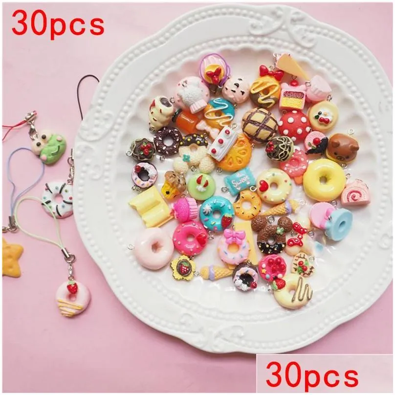 charms 30pcs/set mini kawaii mix resin food necklace donut cake cream pendant for diy decoration keychain charmscharmscharms