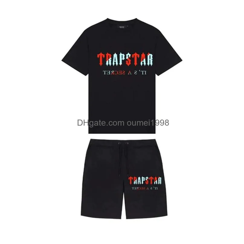 summer new trapstar london shooter short-sleeved t shirt suit chenille decoding black ice flavor 2.0 mens round neck t-shirt shorts