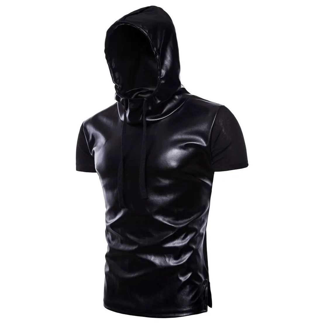 mens leather panelled hooded casual t-shirts high street short sleeve hoodies male hip hop crew neck t-shirts