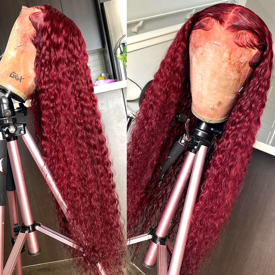 Burgundy Red Hd Lace Frontal Human Hair Wig 13x4 Curly Wigs for Women Glueless Preplucked Synthetic Wigs Brazilian Deep Wave Wigs