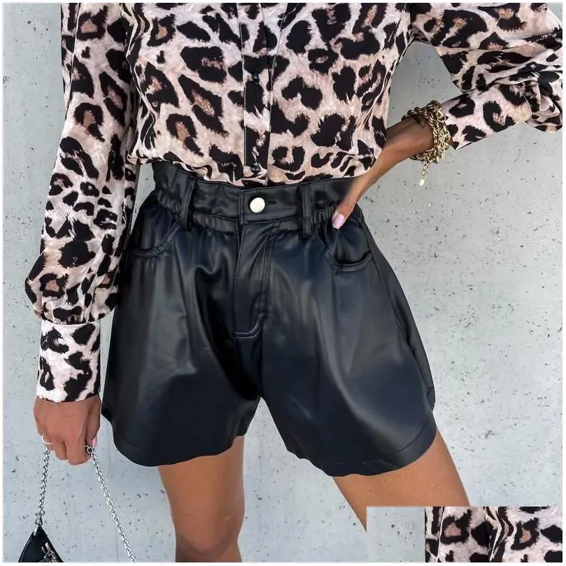 womens shorts ladies autumn pu leather girls leisure style solid color high waist wide leg short trousers with pocket for dating