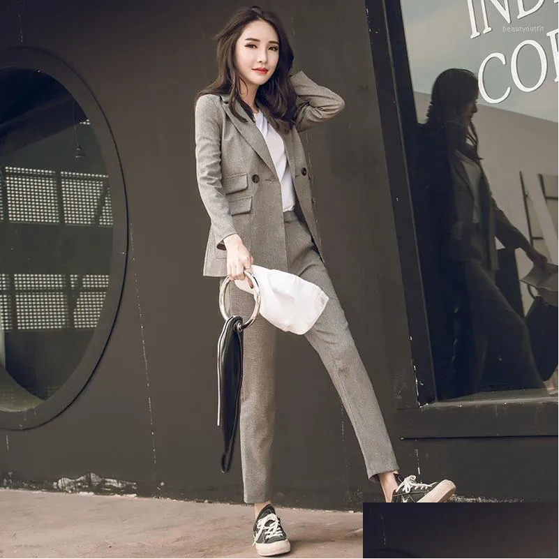 women 2 two piece sets short gray solid blazer add high waist pant office lady notched jacket suits korean outfits femme