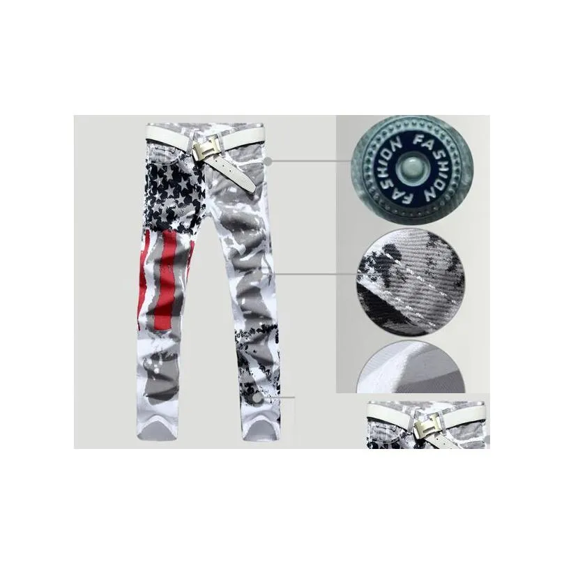 printed design jeans men american flag stars straight pants slim fit stretch trousers