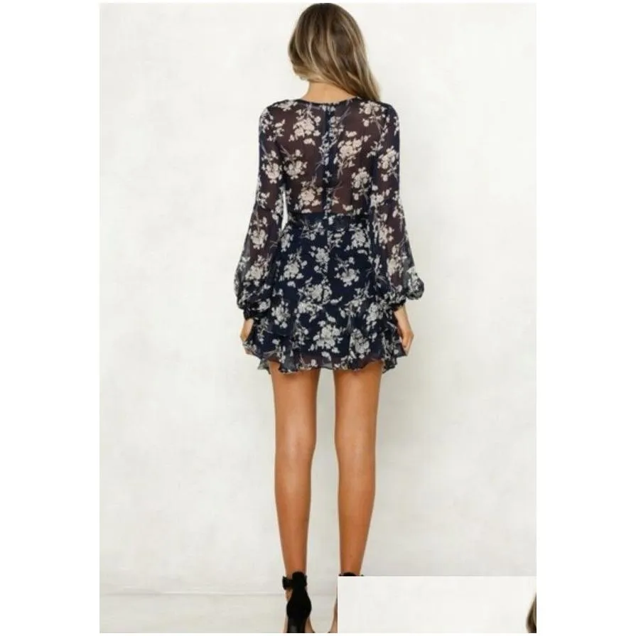 casual dresses women long sleeve tiered fashion v-neck flower printing dress spring and autumn clothes french elegance y midi dresse