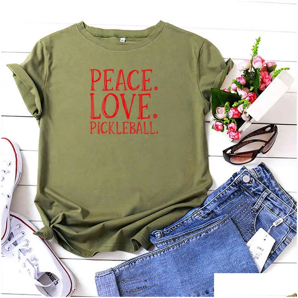 fashion peace love pickleball t-shirt femme letters pattern womens t-shirt casual o-neck women tshirt black t shirt women 210522