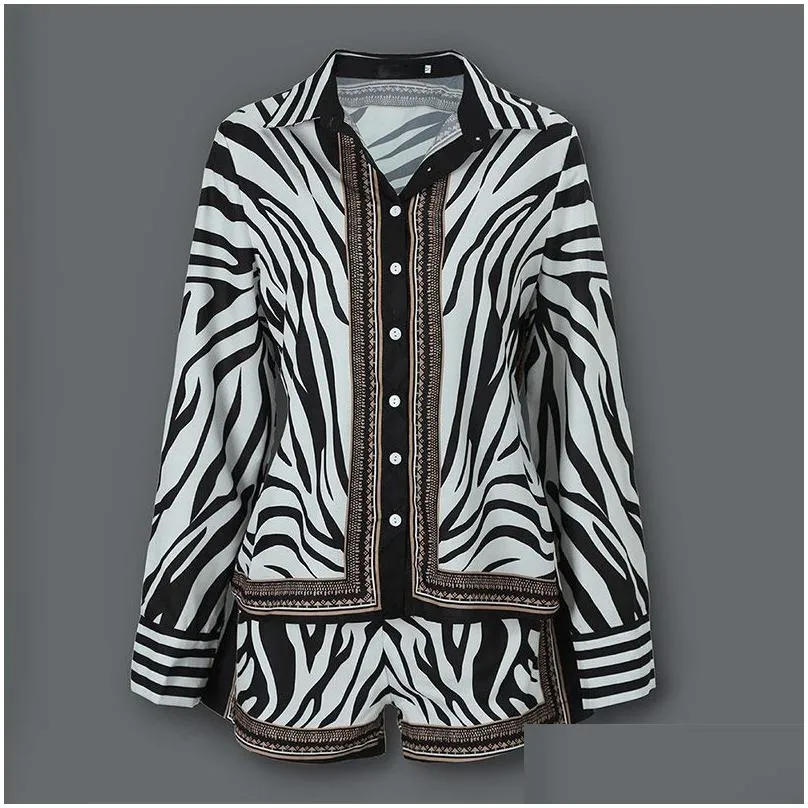 2 piece set women zebra print buttoned shirt and zipper shorts sets casual two piece set female 2020 autumn womens two suit