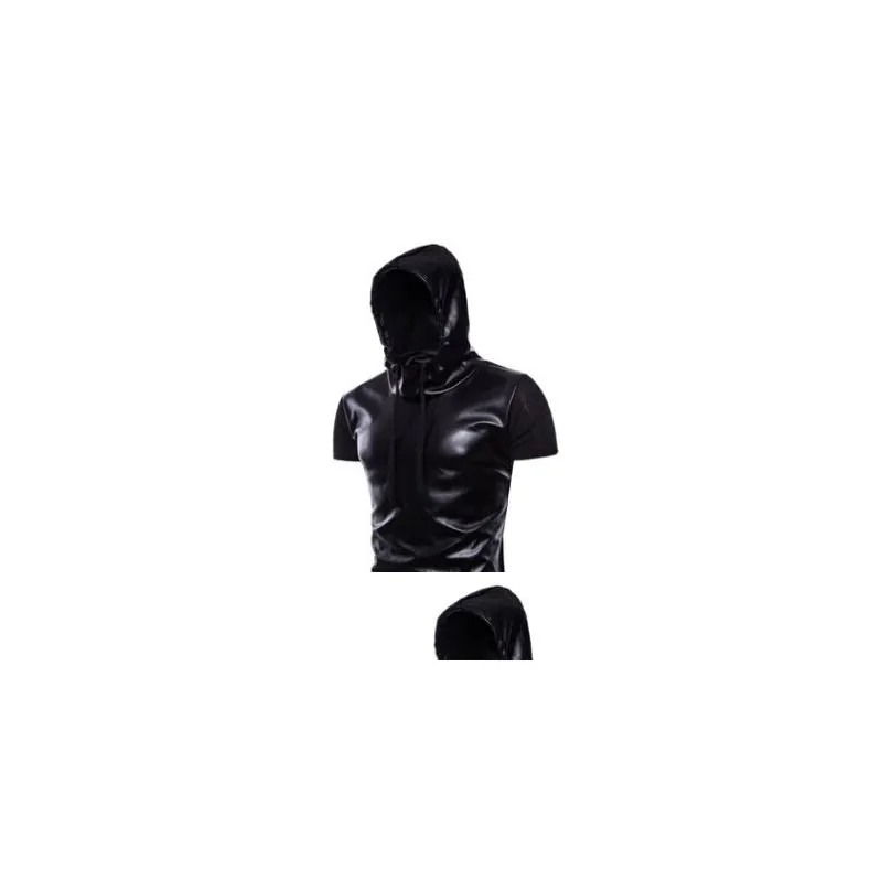 mens leather panelled hooded casual t-shirts high street short sleeve hoodies male hip hop crew neck t-shirts