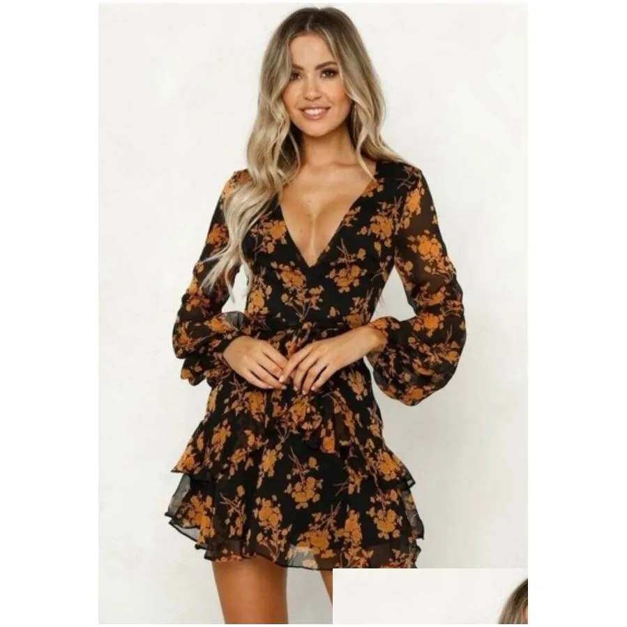 casual dresses women long sleeve tiered fashion v-neck flower printing dress spring and autumn clothes french elegance y midi dresse