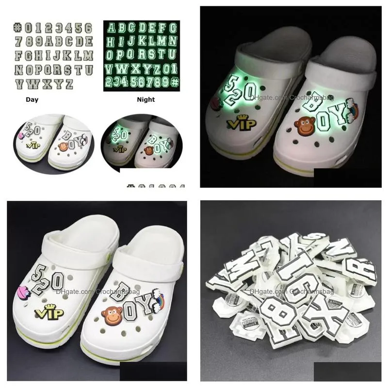 Glow in the dark letter croc shoe charms pvc soft rubber shoecharms buckle DIY clog bracelet wristband decoration