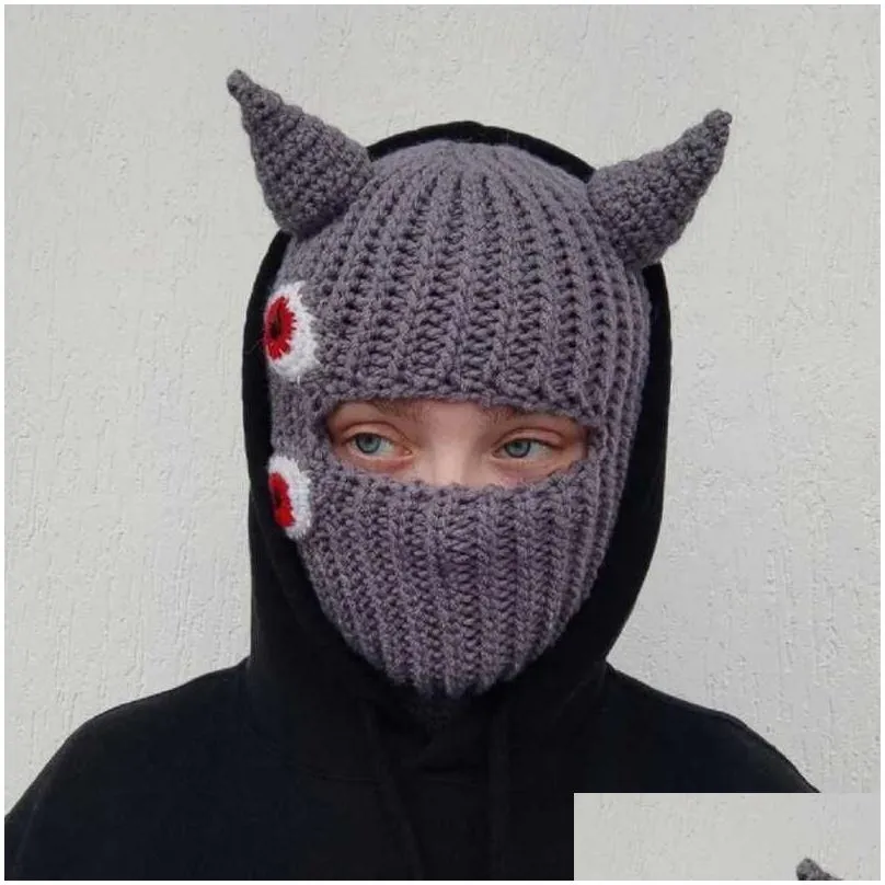 cycling caps masks halloween funny horns knitted hat beanies warm full face cover ski mask hat windproof balaclava hat for outdoor sport