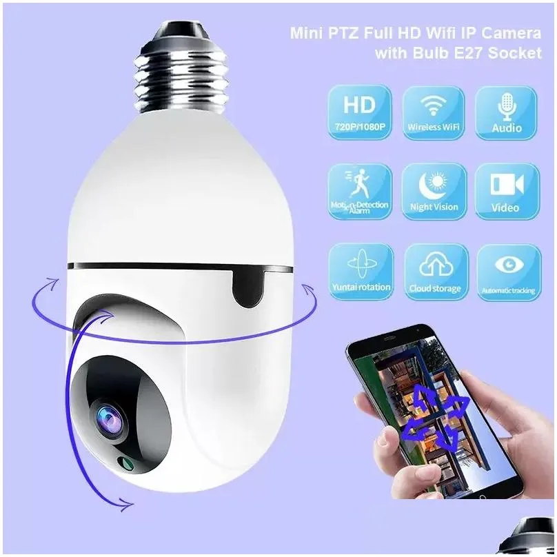 wifi ptz ip cameras remote hd 360ﾰ viewing security e27 bulb interface 1080p wireless 360 rotate auto tracking panoramic camera light