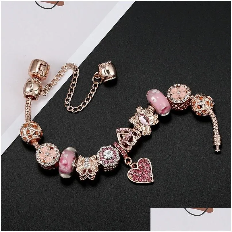 top quality rose gold pink silver charm beads cherry red heart crystal butterfly flower fits european  charms bracelets safety chain jewelry diy