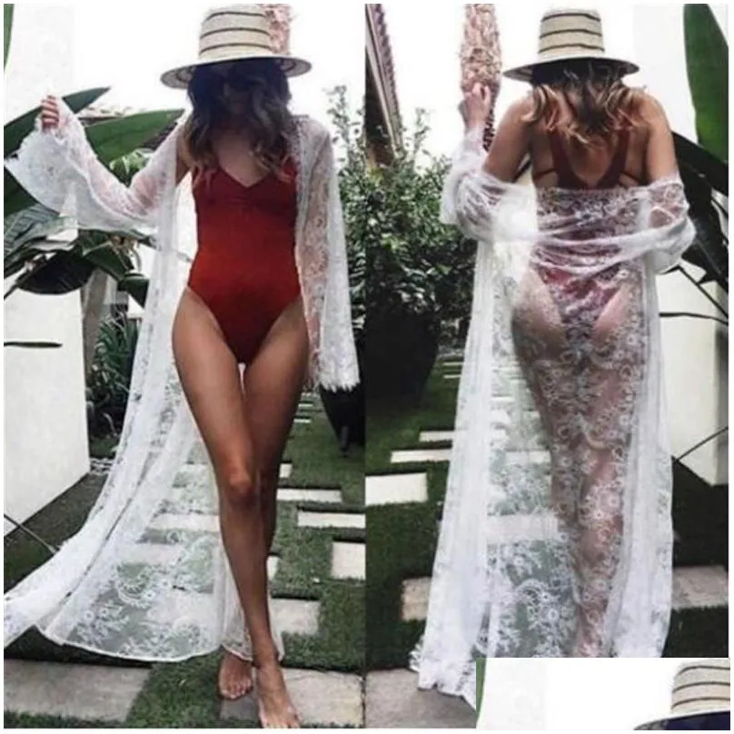 womens swimwear black white bikini cover up summer y lace kimono boho beach long maxi dress sheer loose kaftan tunic swimsuit