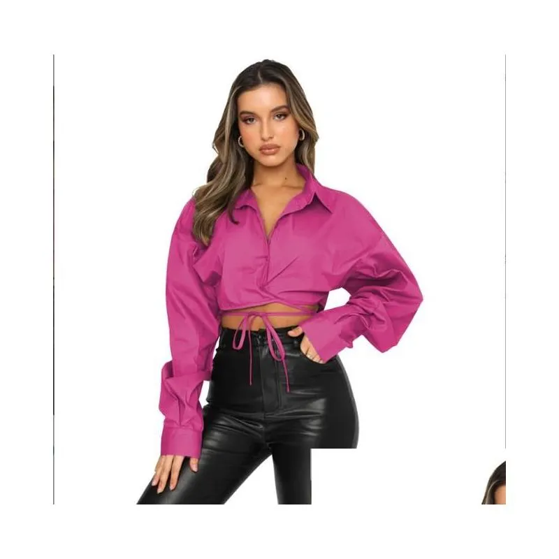 womens blouses shirts spring wrap tie-up casual ladies solid lapel long sleeve blouse women tops elegant slim office commuter