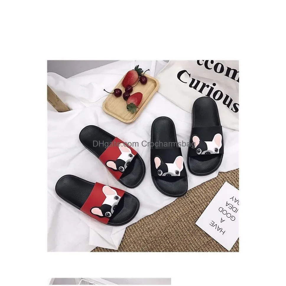 cute dog cartoon women slides fashion pu leather beach shoes women flat heels flip flops barefoot slippers zapatillas mujer